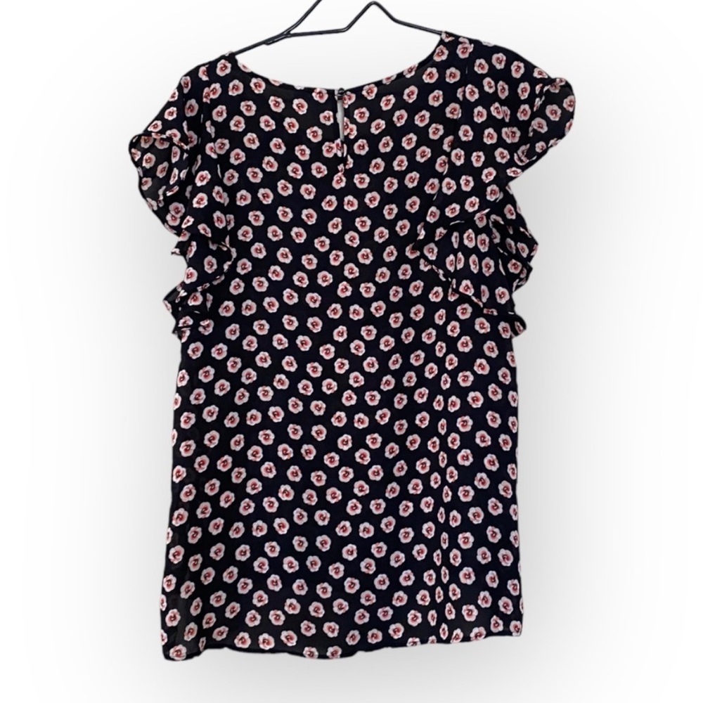 Elle Black Geo Floral Ruffle Cap Sleeve Blouse Women’s Large Business Casual Top